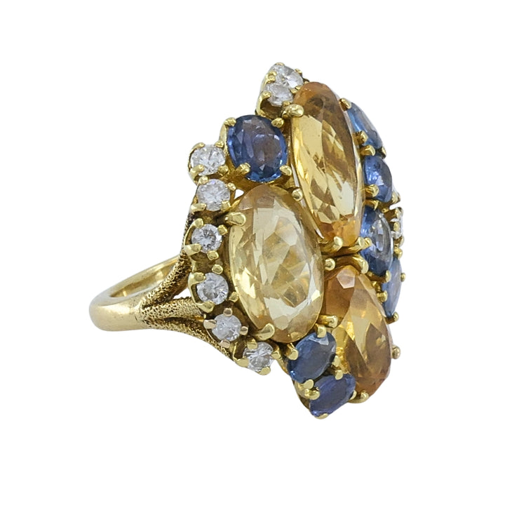 Vintage 14k Gold Imperial Topaz Blue Sapphire Diamond Cluster Cocktail Ring