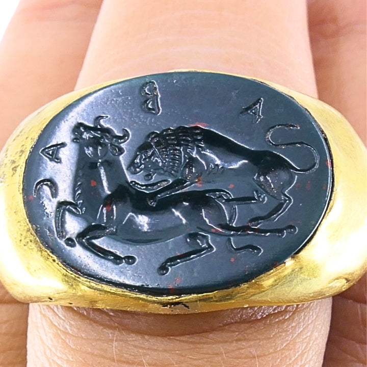 22k Gold Oval Intaglio Lion Bull Signet Ring Greek & Roman Inspired Design