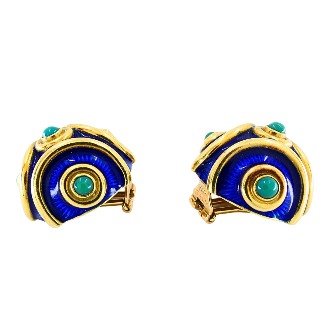 Vintage Tiffany & Co. 18k Gold Blue Enamel Turquoise Clip-On Earrings