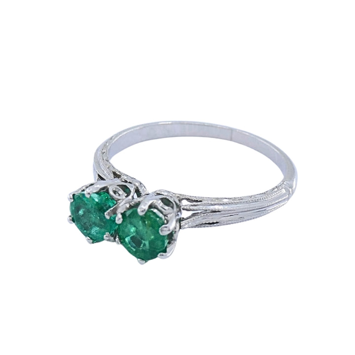Vintage Platinum Toi et Moi Emerald Ring