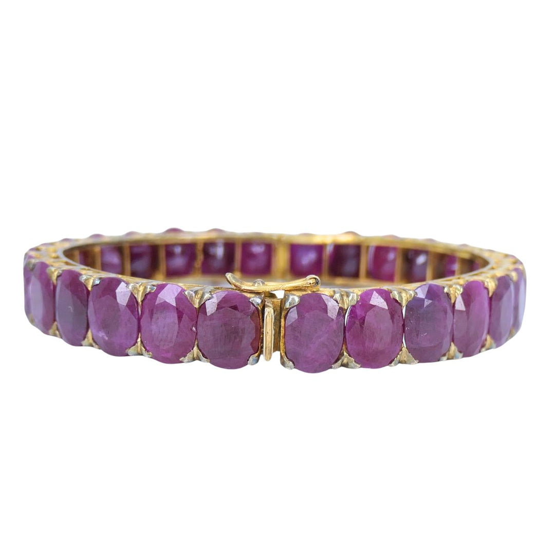 Vintage 18k Gold Ruby Hinged Bangle Bracelet Mid 20th century