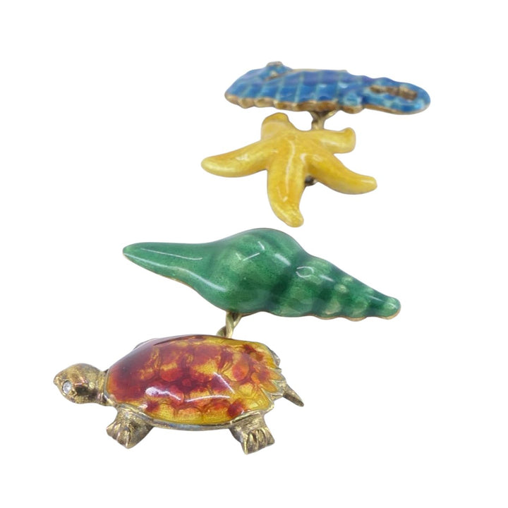 Vintage LOZ 18k Gold Enamel Turtle Seahorse Starfish Shell Cufflinks