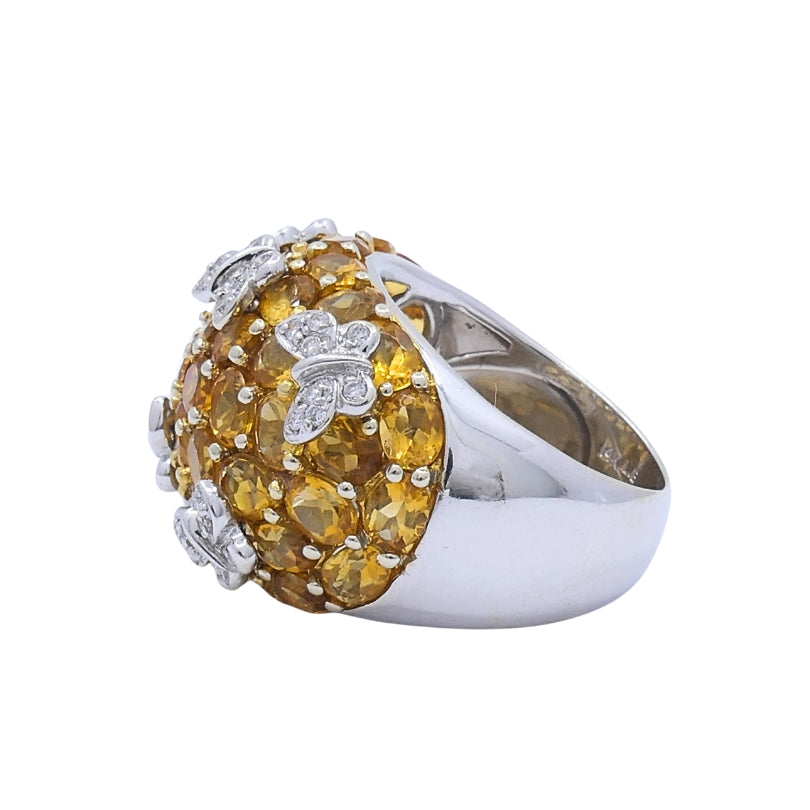 14k White Gold Citrine Diamond Butterfly Dome Ring