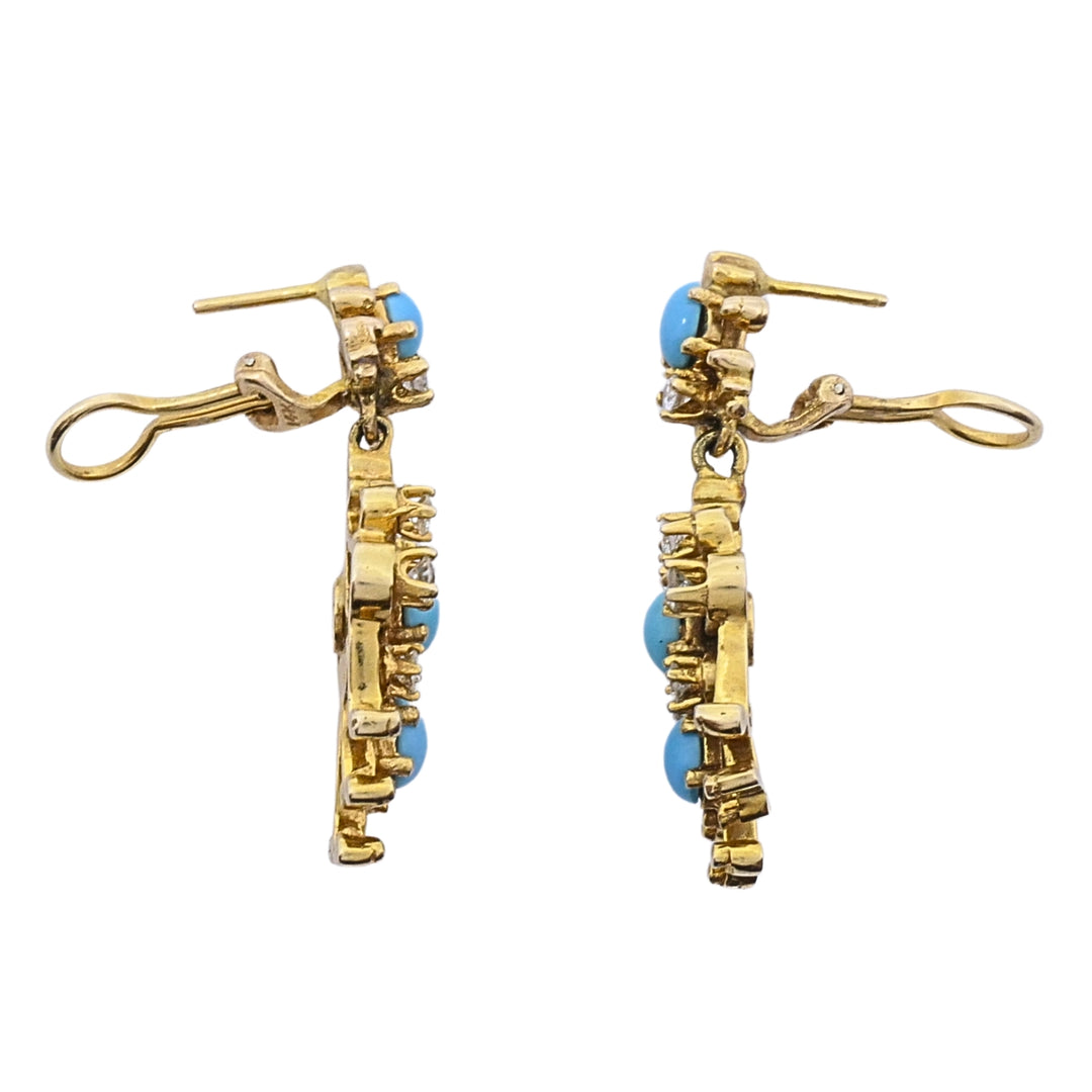 14k Yellow Gold Turquoise Diamond Scrollwork Drop Earrings