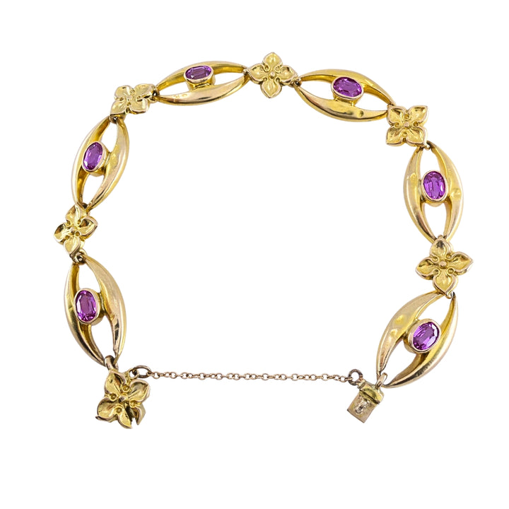 British 9k Yellow Gold Pink Sapphire Link Bracelet