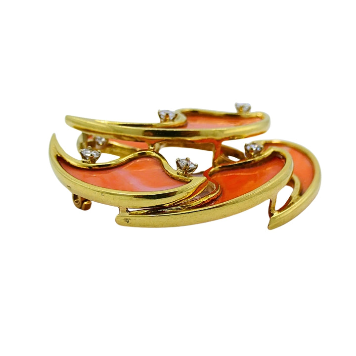 French Vintage Coral Diamond Brooch 18k Gold