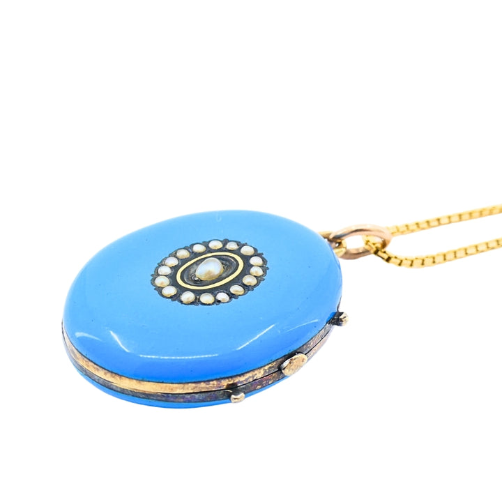 Victorian 14k Gold Necklace Blue Enamel Locket Pendant