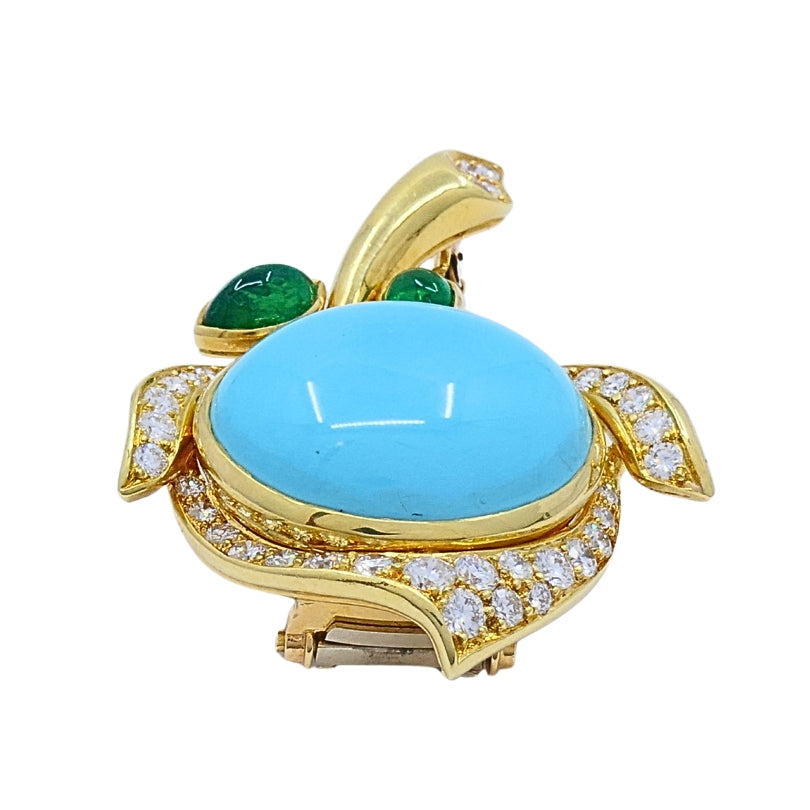 Bvlgari Bulgari 18k Gold Turquoise Flower Brooch Emerald Diamond Accents