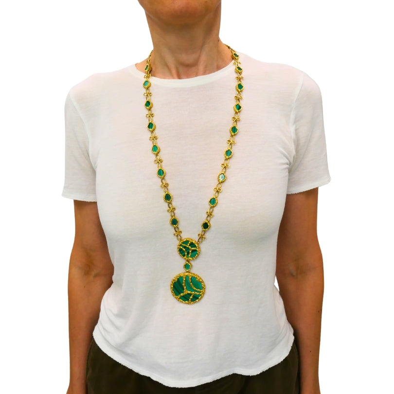 1980s Mauboussin Paris 18k Gold Malachite Pendant Necklace