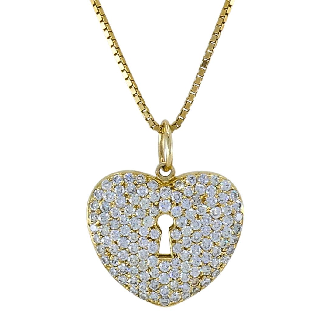 Vintage 18k Gold Pavé Diamond Heart Lock Pendant Necklace 14k Box Chain