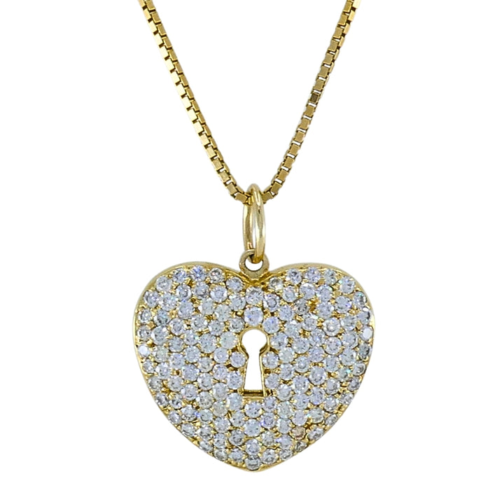 Vintage 18k Gold Pavé Diamond Heart Lock Pendant Necklace 14k Box Chain