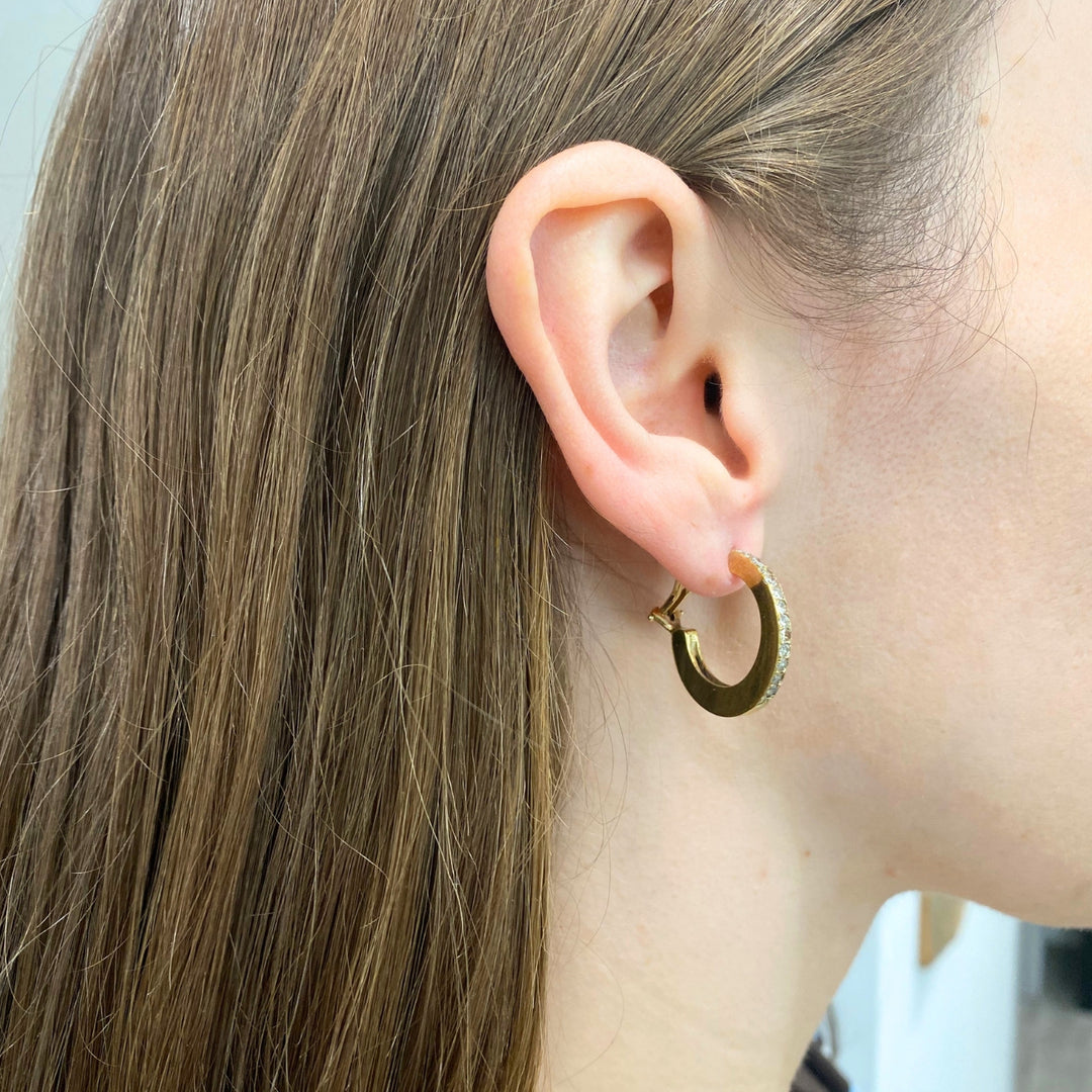 Vintage 14k  Gold Diamond Hoop Earrings with Flat Profile