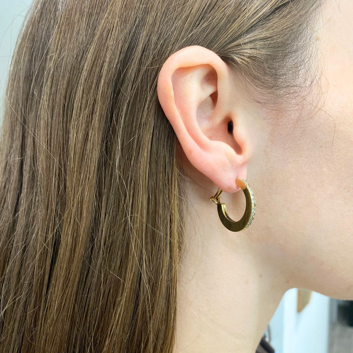Vintage 14k  Gold Diamond Hoop Earrings with Flat Profile