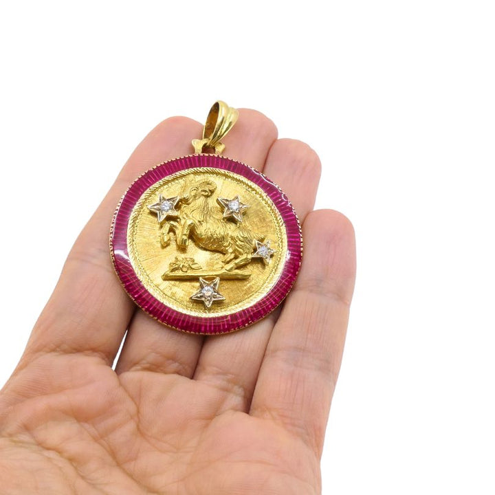 Capricorn Pendant Vintage 18k Gold Enamel Diamond