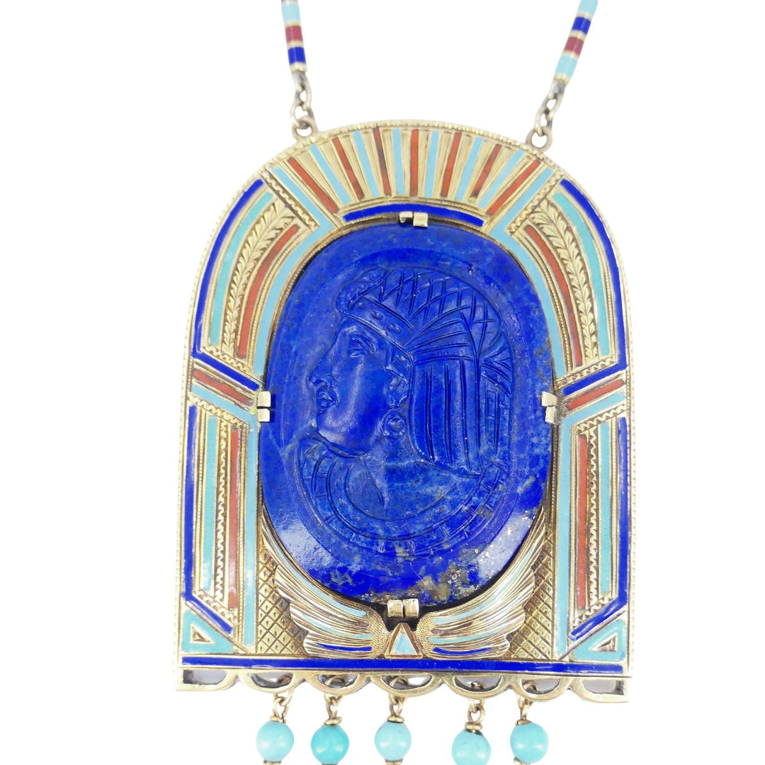 Egyptian Revival 14k Gold Gemstones Enamel Pendant Necklace