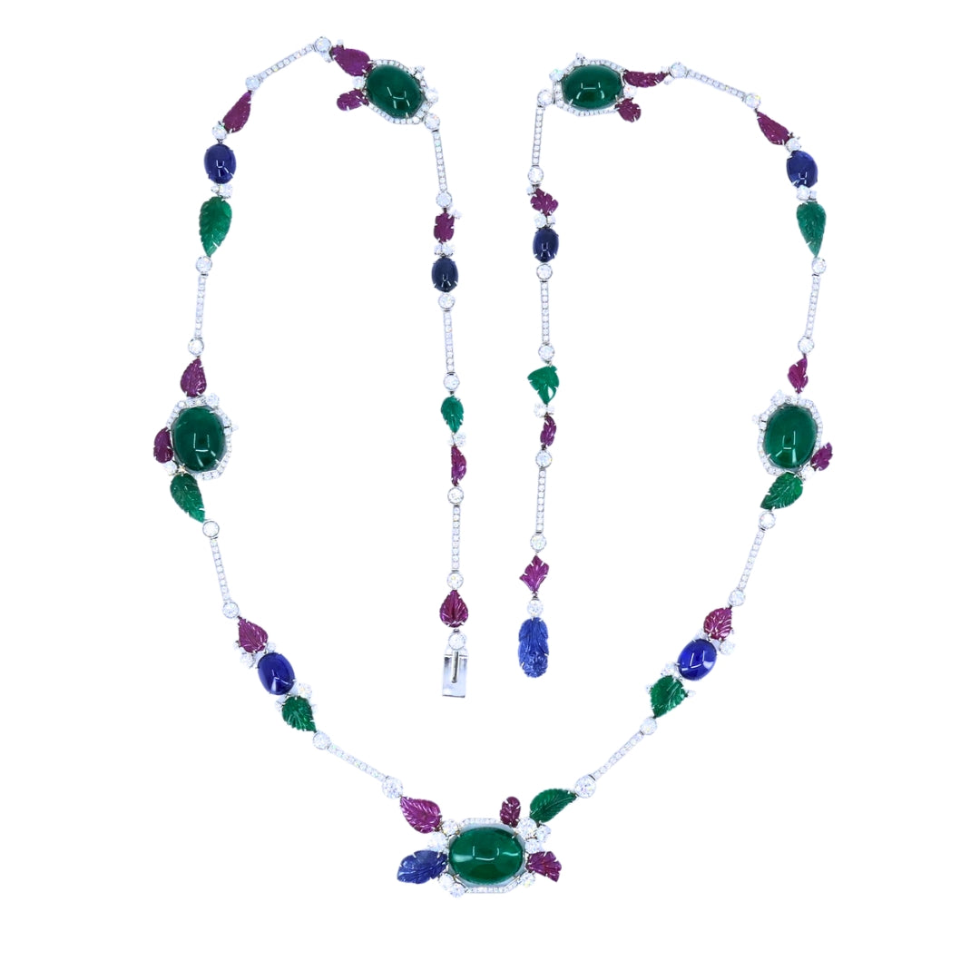 Sabbadini Tutti-Frutti Necklace 18k White Gold Carved Gemstones