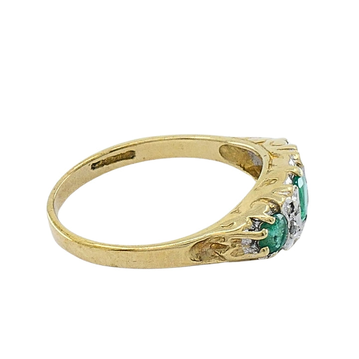 Vintage 9k Gold Emerald Diamond Three-Stone Ring