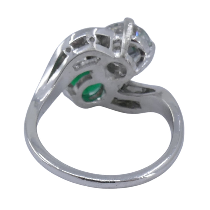 Vintage Platinum Toi et Moi Engagement Ring Diamond Emerald