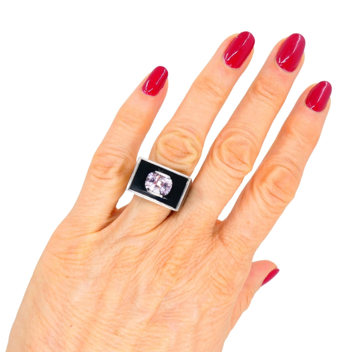 Vintage 18k White Gold Pink Sapphire Black Enamel Ring