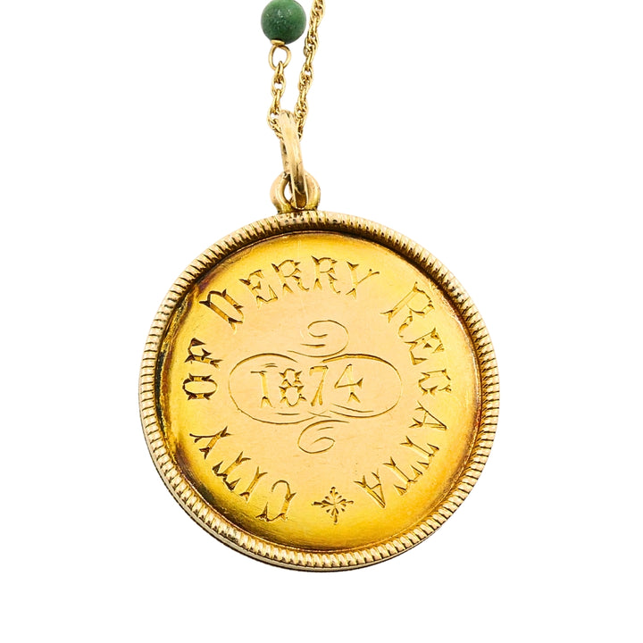 Victorian 14k Gold 1874 Engraved Coin Pendant Necklace