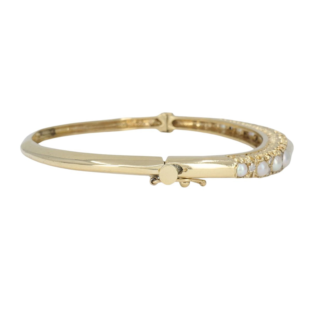 Antique Victorian 14k Yellow Gold Pearl Diamond Hinged Bangle Bracelet