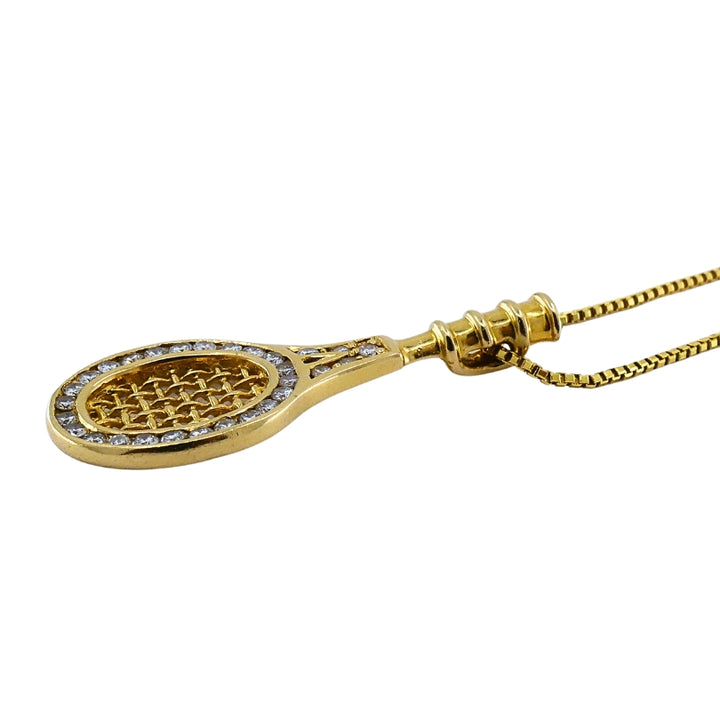 14k Gold Diamond Tennis Racket Pendant Necklace