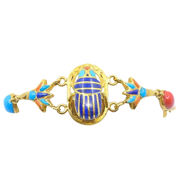 21k Gold Egyptian Revival Scarab Turquoise Coral Enamel Bracelet