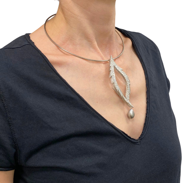 Grima 18k White Gold Diamond Tahitian Pearl Convertible Necklace Brooch