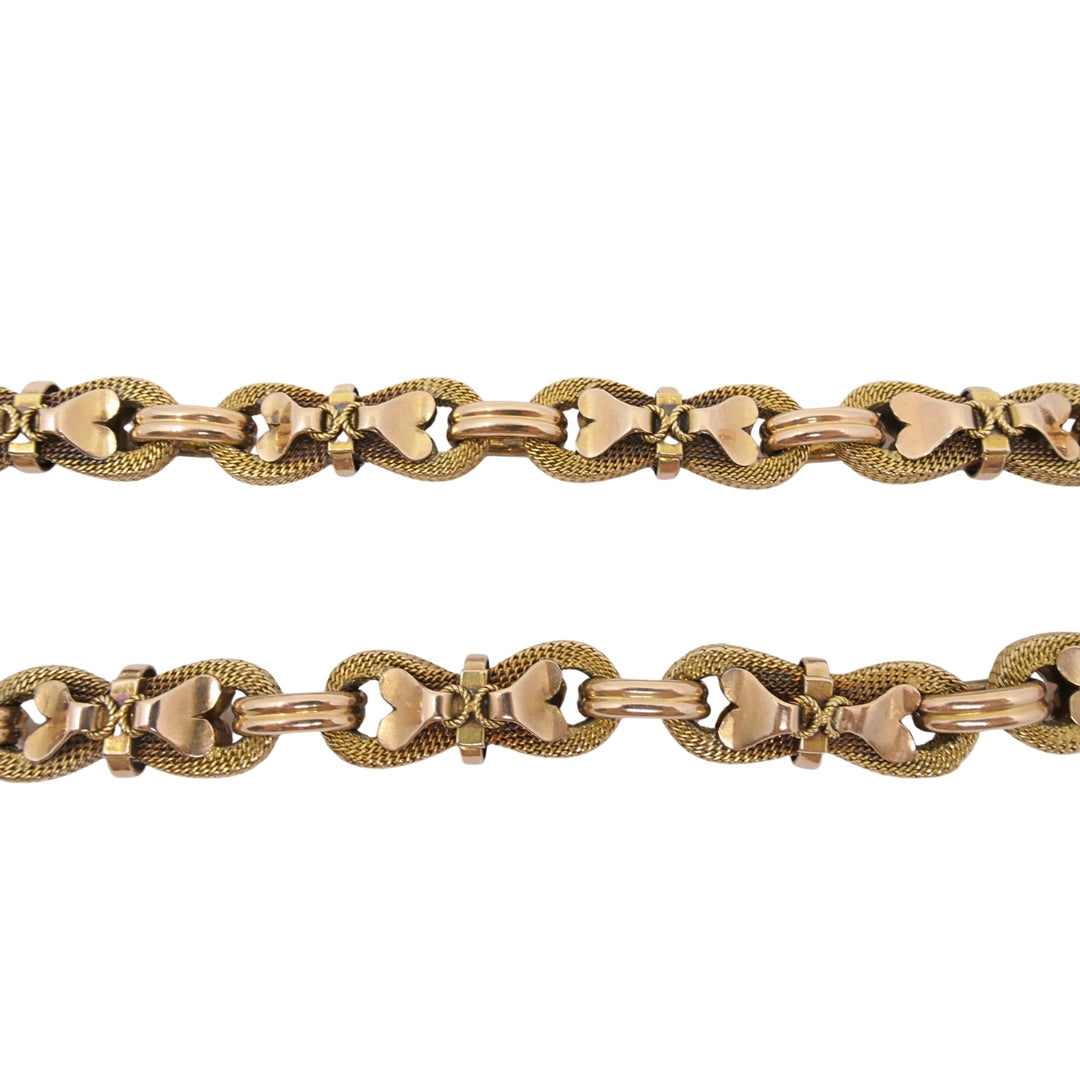 Victorian 18k Gold Mesh Link Necklace Heart Bow Motifs
