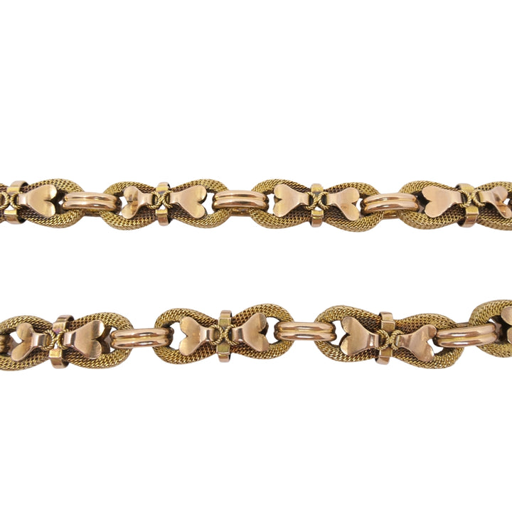 Victorian 18k Gold Mesh Link Necklace Heart Bow Motifs