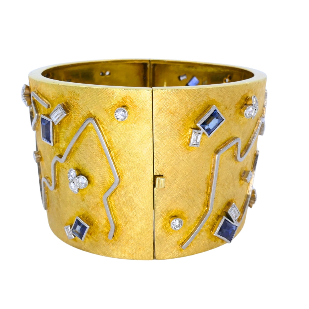 18k Gold Diamond Cuff Bracelet Sapphire Wide Gold Bangle Vintage Jewelry
