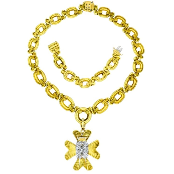 David Webb Necklace Sautoir Chain Oval Links 18k Gold Platinum Diamond Brooch