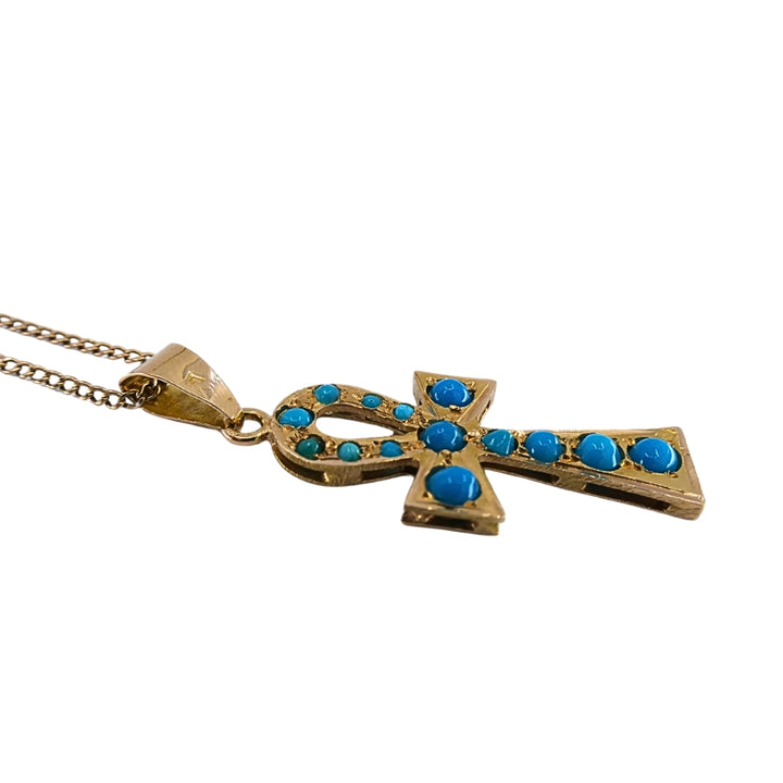 Vintage 21k Gold Turquoise Ankh Pendant 14k Gold Chain Necklace