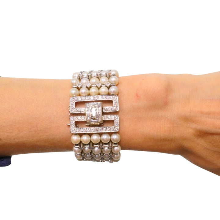 Vintage 1950s 14k White Gold Pearl and Diamond Bracelet Estate Jewelry