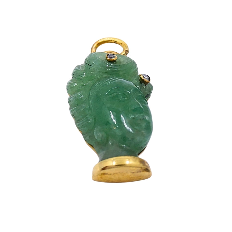 Vintage 14k Gold Carved Jade Lady’s Head Charm Pendant Diamond Accents