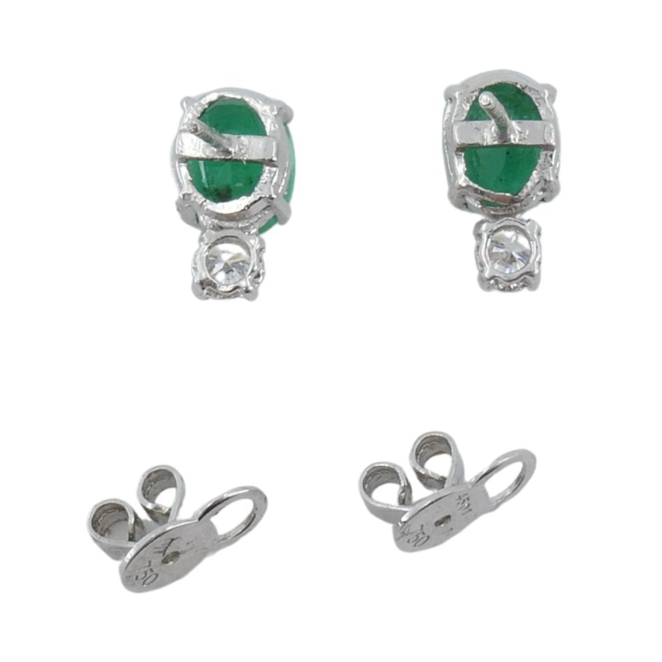 Vintage 18k White Gold Emerald Diamond Stud Earrings