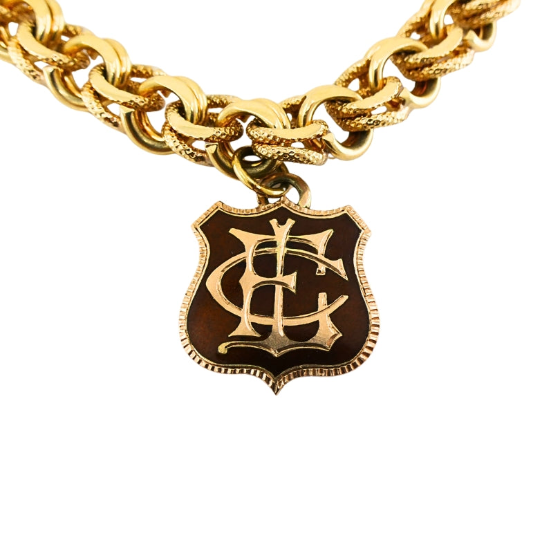 Victorian 14k Gold  Link Bracelet  Enamel Pearl & Engraved Charms