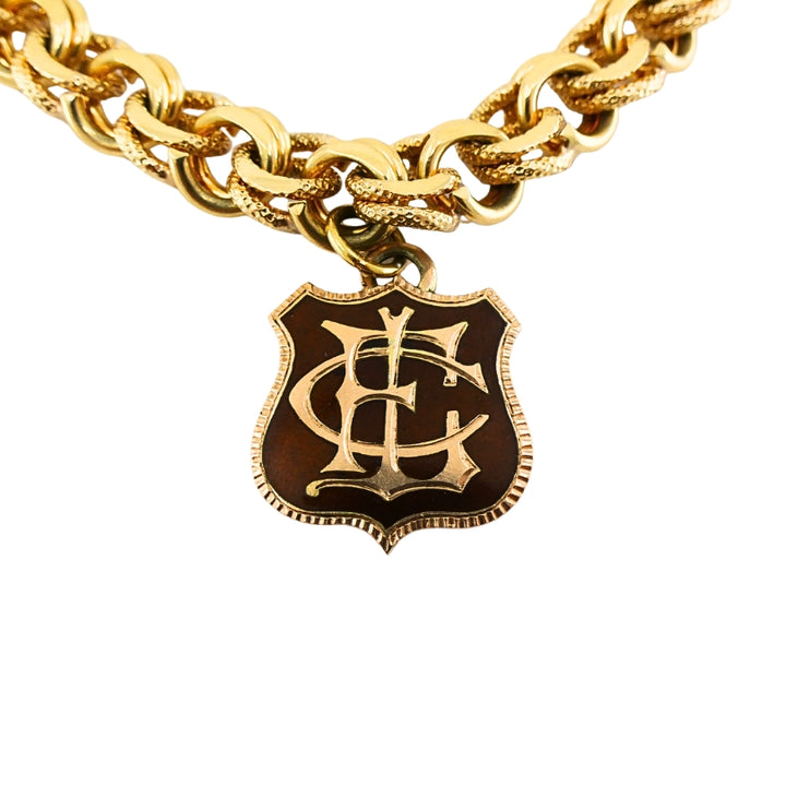 Victorian 14k Gold  Link Bracelet  Enamel Pearl & Engraved Charms