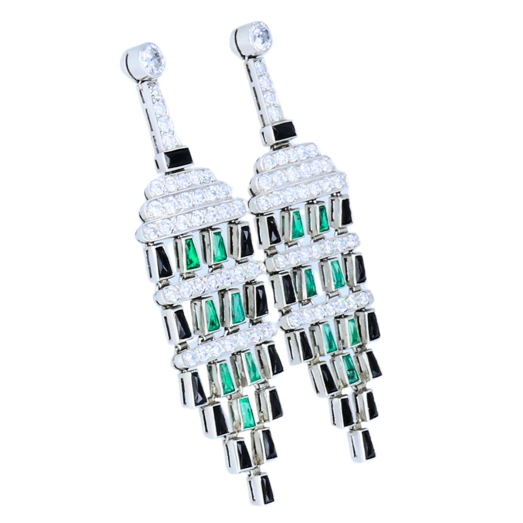 Diamond Emerald Onyx Dangle Earrings Art Deco Revival