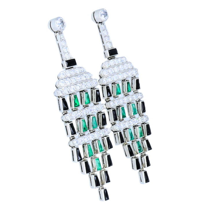 Diamond Emerald Onyx Dangle Earrings Art Deco Revival