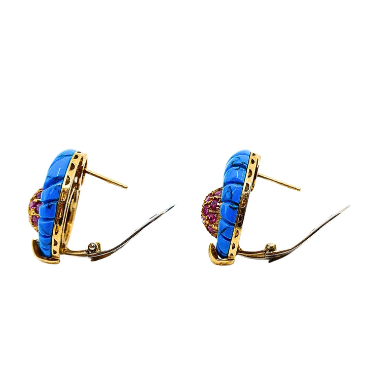 Vintage Carved Turquoise 18k Gold Ruby Stud Earrings