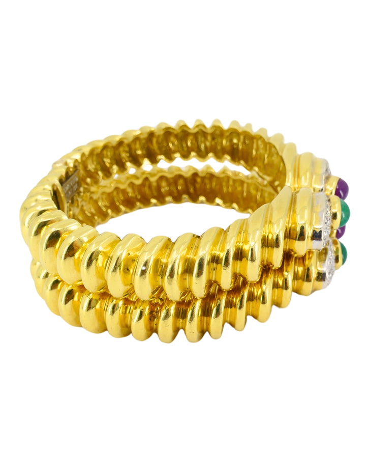 David Webb Pair of 18k Gold Bracelets Platinum Diamond Gemstone Cabochons