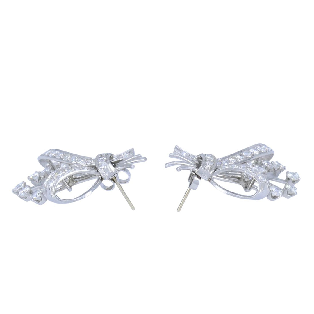 Mid Century Platinum Diamond Spray Earrings 4.30 Carats Bow Motif Gold Posts