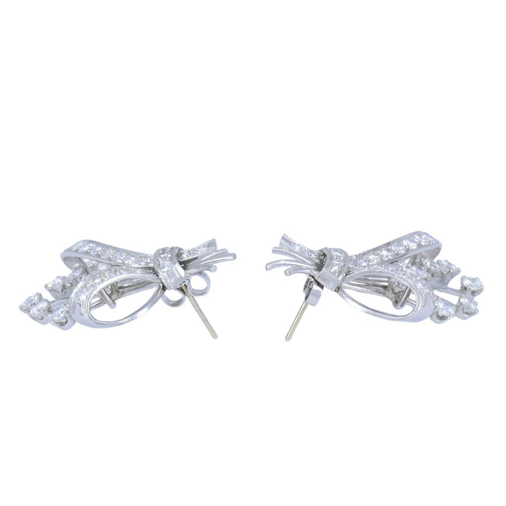 Mid Century Platinum Diamond Spray Earrings 4.30 Carats Bow Motif Gold Posts