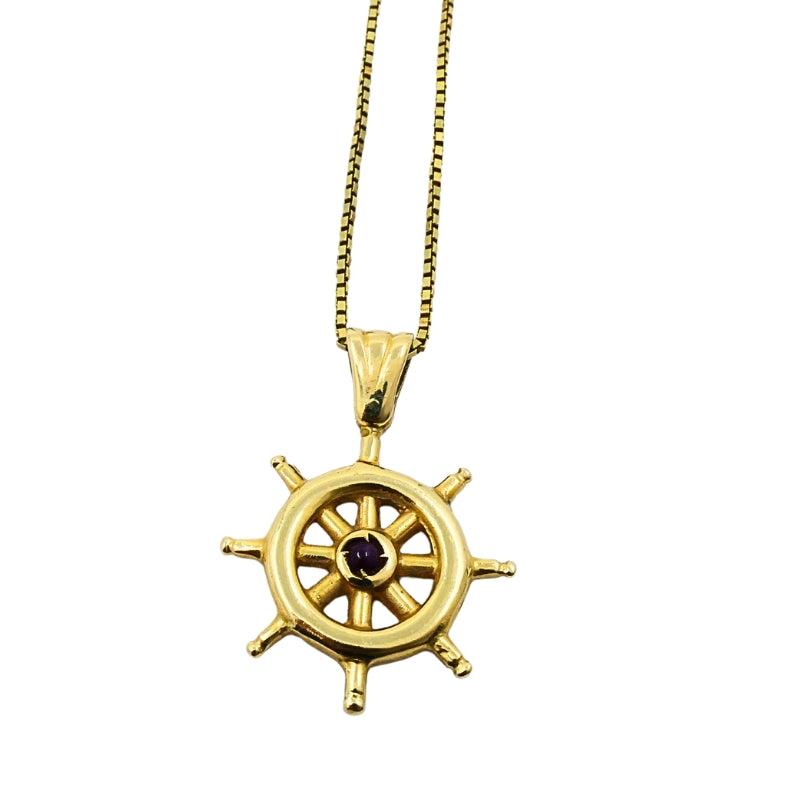 14K Gold Nautical Wheel Pendant Necklace Diamond Accent