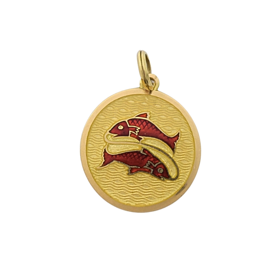 Vintage 18k Gold Red Enamel Necklace Pisces Pendant Zodiac Medallion