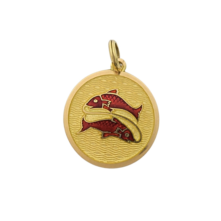 Vintage 18k Gold Red Enamel Necklace Pisces Pendant Zodiac Medallion