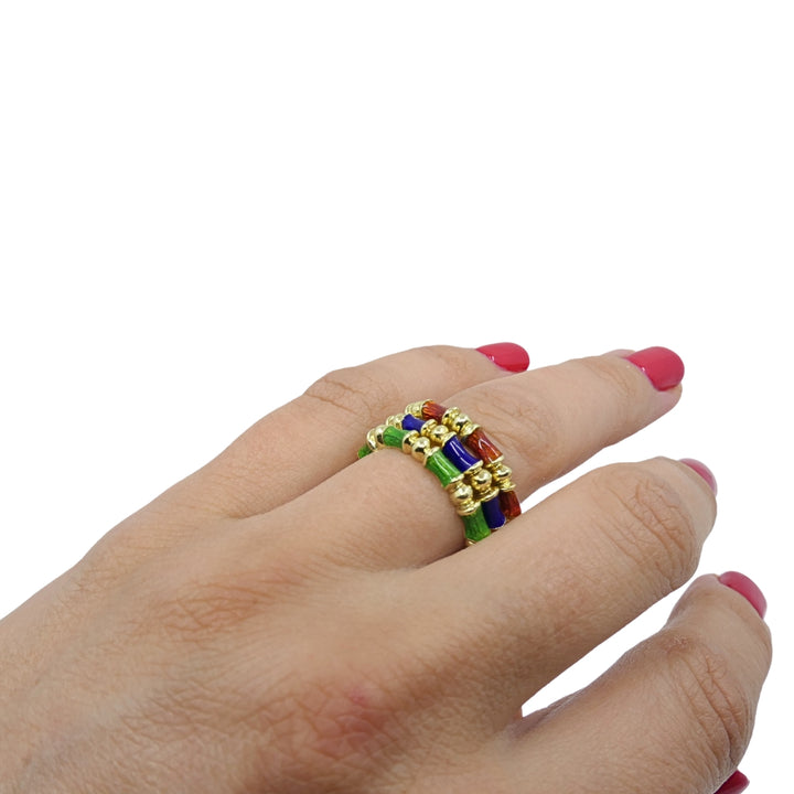 Tiffany & Co. Enamel Bamboo Stacking Rings 18k Yellow Gold Blue Green & Red