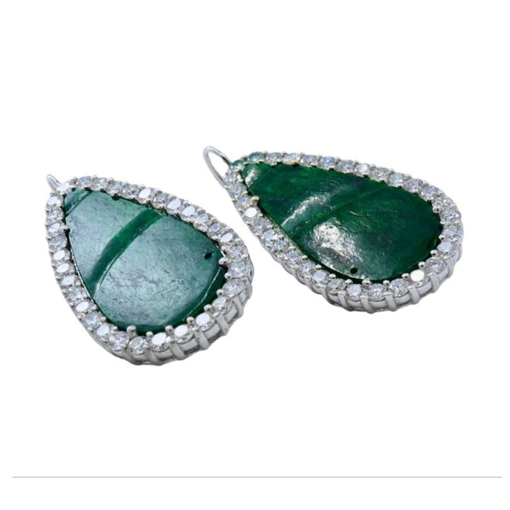 Carved Jadeite Diamond Earrings 18k White Gold