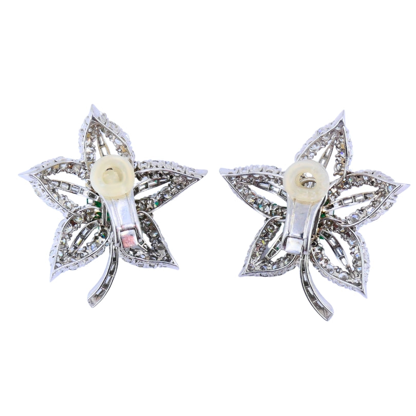 Vintage Platinum Diamond Floral Earrings Sugarloaf Emerald Estate Jewelry
